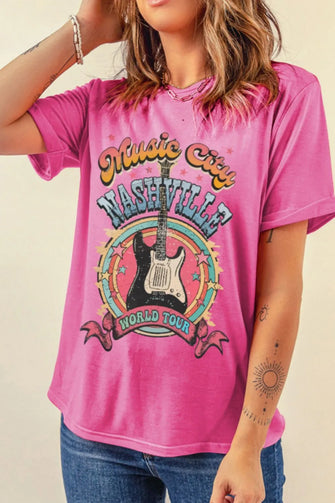 Pink Guitar Graphic T-Shirt for Women Hot Pink