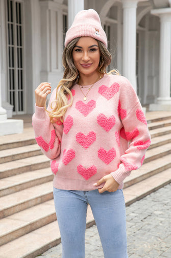 Pink Heart Pattern Sweater Round Neck Long Sleeve Pullover Blush Pink