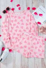 Pink Heart Print Fleece Pajama Set with Long Sleeves and Shorts Length
