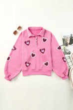 Pink heart sequin mineral wash sweatshirt with collar and long sleeves