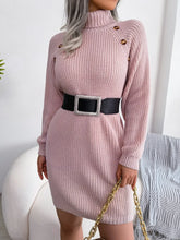 Pink Knit Sweater Dress with Decorative Button and Belt Dusty Pink