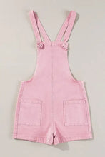Pink knot straps denim overalls with floral pockets and white tank top