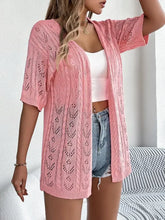 Pink lace openwork open half sleeve cardigan for women
