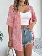 Pink lace openwork open half sleeve cardigan for women