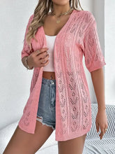 Pink lace openwork open half sleeve cardigan for women