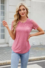 Pink Lace Sleeve Smocked Cutout Semi Sheer Top for Women