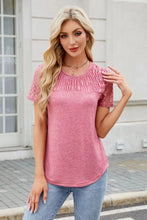 Pink Lace Sleeve Smocked Cutout Semi Sheer Top for Women