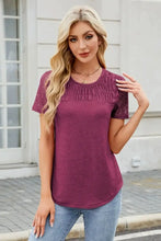 Pink Lace Sleeve Smocked Cutout Semi Sheer Top for Women Woman T Shirts