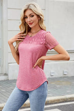 Pink Lace Sleeve Smocked Cutout Semi Sheer Top for Women