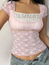 Pink Lace Square Neck Semi Sheer Top for Women