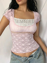 Pink Lace Square Neck Semi Sheer Top for Women