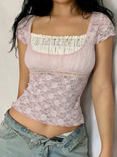 Pink Lace Square Neck Semi Sheer Top for Women Woman T Shirts