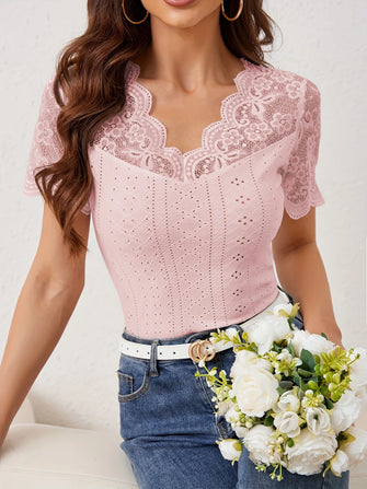 Pink Lace Trim Eyelet Embroidered Summer Top for Women Pink