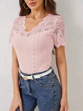 Pink Lace Trim Eyelet Embroidered Summer Top for Women
