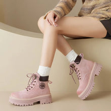 Pink Leather Platform Combat Boots for Women