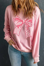Pink leopard bow graphic round neck long sleeve sweatshirt