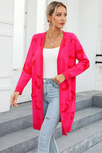 Pink Leopard Print Cardigan Long Sleeve Women's Outerwear Hot Pink