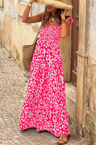 Pink Leopard Print Maxi Dress with Ruffles Hot Pink