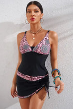Pink leopard print tankini skirted swimsuit with black and pink mandala top