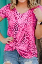 Pink Leopard Print V-Neck Knotted T-Shirt for Women Hot Pink