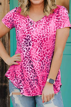 Pink Leopard Print V-Neck Knotted T-Shirt for Women