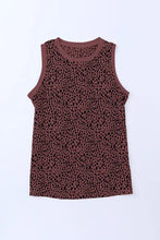 Brown printed round neck tank with leopard pattern and mesh panels