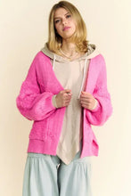 Pink long sleeve cardigan with hood, fluffy lace and textured sleeves