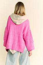 Pink long sleeve cardigan with hood and textured sleeves