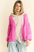 Pink long sleeve cardigan with hood, textured sleeves, fluffy oversized design