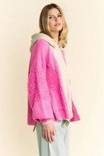 Pink long sleeve cardigan with hood and textured sleeves