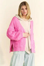 Pink long sleeve cardigan with hood, textured sleeves and pockets