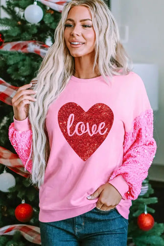LOVE Heart Sequin Dropped Shoulder Sweatshirt Pink Woman Sweatshirts