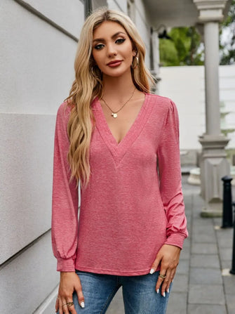 Pink Long Sleeve V Neck Blouse for Women Strawberry