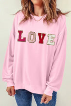 Pink love patch round neck dropped shoulder sequin sweatshirt