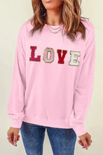Pink love patch round neck dropped shoulder sequin sweatshirt