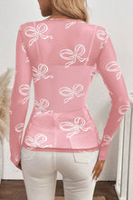Pink Mesh Long Sleeve Top with White Bow Pattern for Women