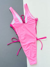 Pink One Piece Swimsuit with Tie Sides and Plunge Neckline Sleeveless