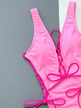 Pink One Piece Swimsuit with Tie Sides and Plunge Neckline Sleeveless Swimwear