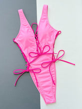 Pink One Piece Swimsuit with Tie Sides and Plunge Neckline Sleeveless