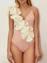 Pink One Piece Swimsuit with White Floral Embellishments Pale Blush