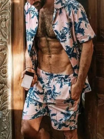 Pink Palm Tree Print Men's Two Piece Shirt and Shorts Set Pink
