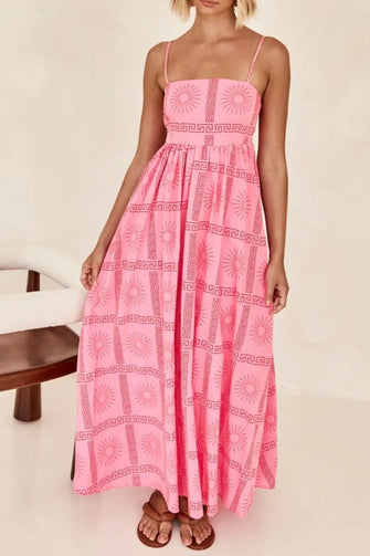 Pink Patterned Maxi Sundress with Ruched and Smocked Details Pink