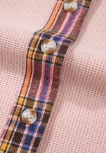 Pink plaid oversized fleece hoodie with pearl buttons and drawstring pockets