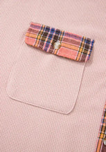 Pink plaid oversized fleece hoodie with plaid pocket square, pearl button, woven fabric