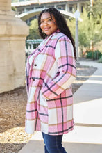 Pink plaid plus-size wool lapel collar coat with long sleeves and pockets