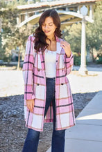 Pink plaid wool lapel collar coat with button closure, hood, and pockets
