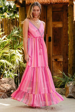 Pink printed surplice maxi cami dress with tie waist and stripes
