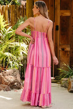 Printed surplice maxi cami dress in pink with yellow stripes and tie waist