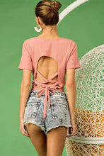 Pink Rib Knit Crop Top with Back Cross Tie Detailing Woman T Shirts
