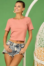 Pink Rib Knit Crop Top with Back Cross Tie Detailing Woman T Shirts